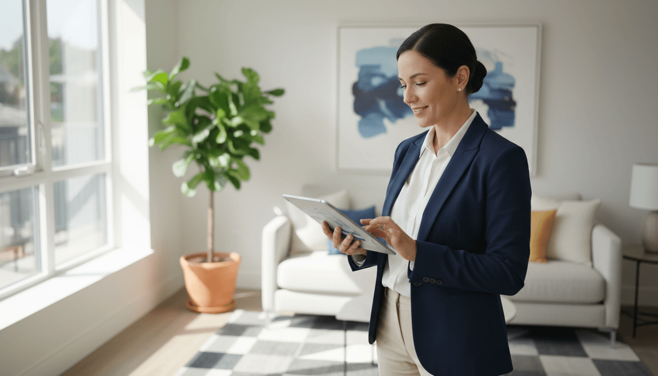 Diagnostician reviewing inspection results on tablet in residential property